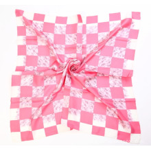 Silk Twill Hand Printing Red Checked Ladies Headscarf